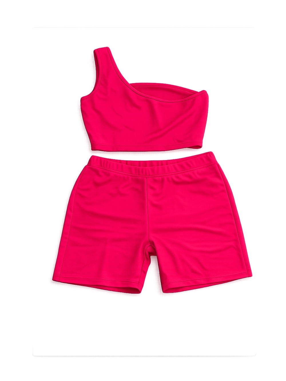One-Shoulder Crop Top & High-Waist Bike Shorts Set - Hot Pink